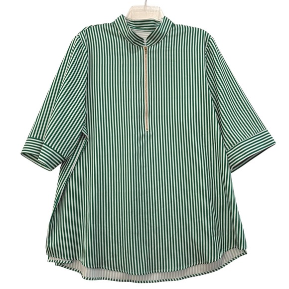 Unbranded Tops - Unbranded Green White Striped Half Zip Short 1/2 Sleeve Tunic Blouse Womens 2XL